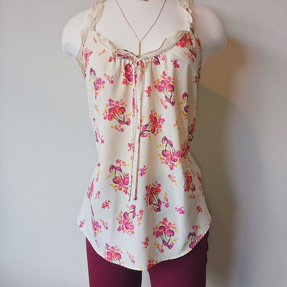 Watercolor cherry ruffle tank top